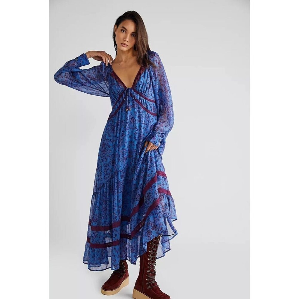 Free People Floral Blue and Burgundy Maxi Dress